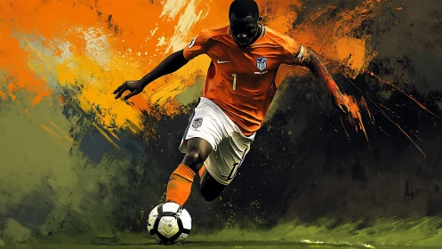 Soccer player in orange jersey sprinting with ball in motion.