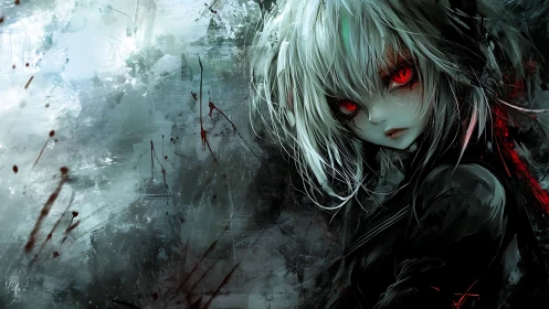 Crimson-eyed gothic girl in storm of abstract bloodstains.