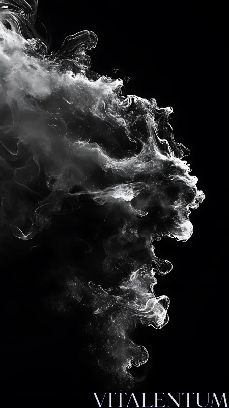 White vapor plume curls through deep black negative space.