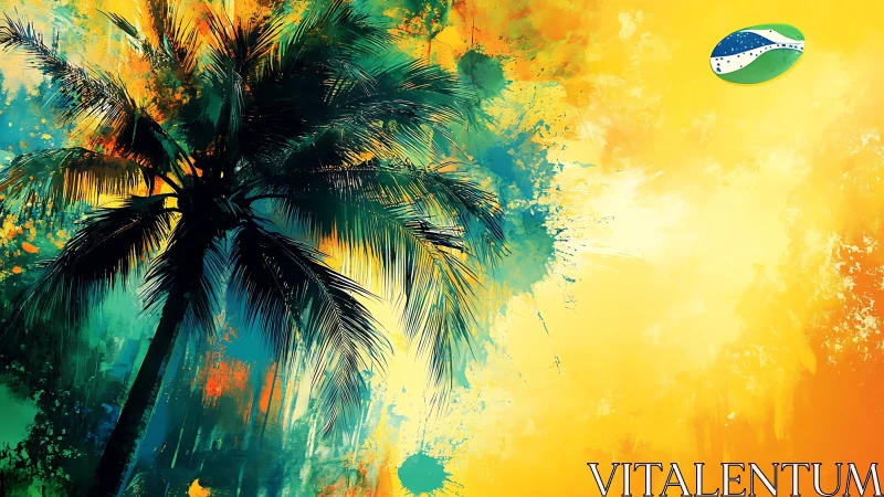 Palm silhouette against yellow and teal abstract background.