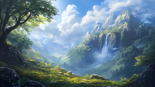 Luminous fantasy valley with cascading mountain waterfalls.