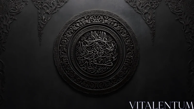 Monochrome circular Arabic calligraphy medallion in relief.