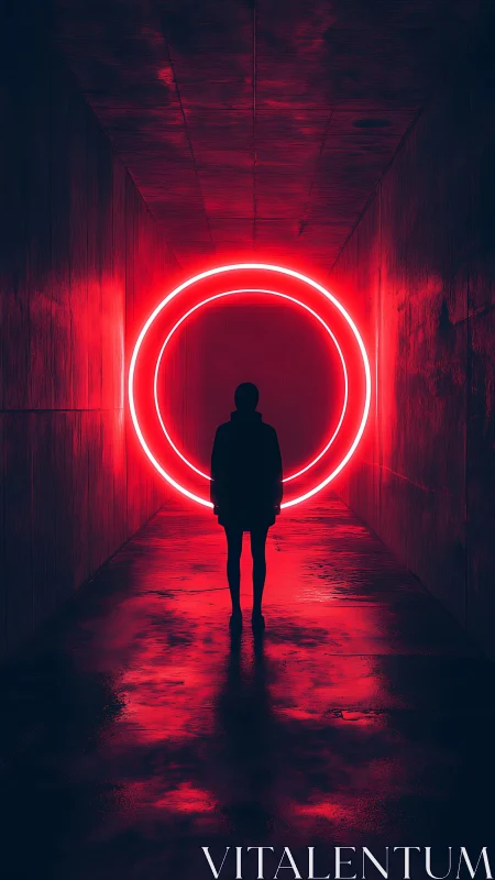 Silhouette at the Neon Portal in a Crimson Echo Tunnel.