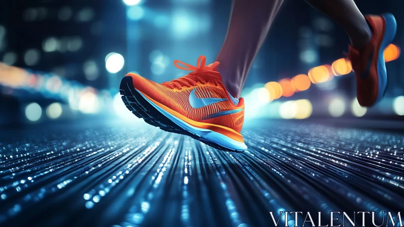 Neon orange running shoes power a fast night city sprint