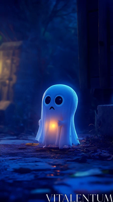 Shy little ghost clutches a warm lantern on a moonlit path