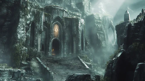 Mystic stone temple doorway glowing through mountain mist.