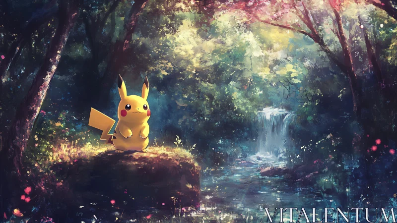 Electric forest wanderer beside a whispering waterfall.