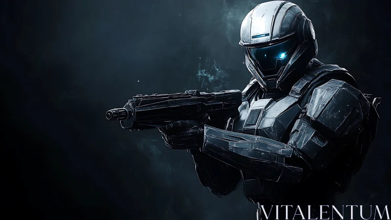 Armored sci fi soldier holding rifle in dark environment.