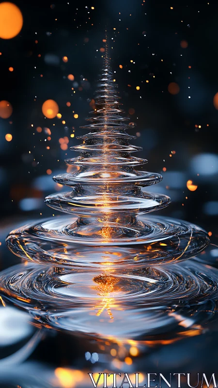 Spiral glass ripple tower glowing with drifting ember lights.