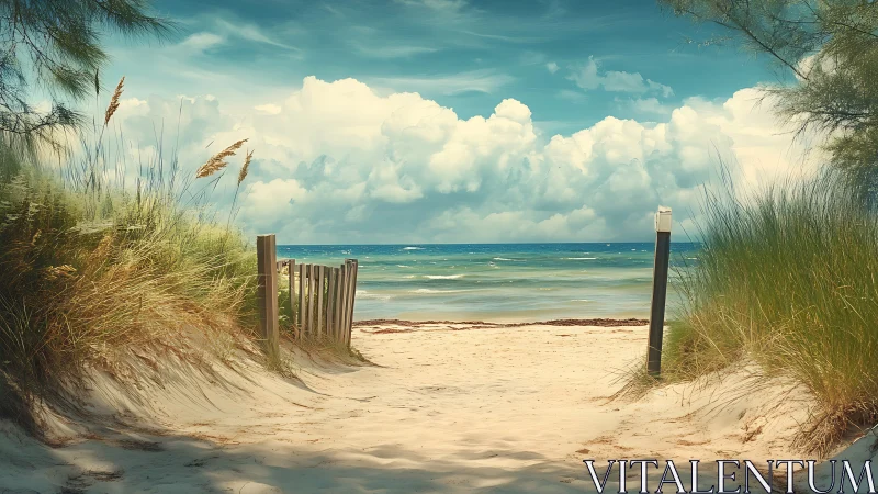 Sandy coastal pathway leading toward calm ocean horizon.