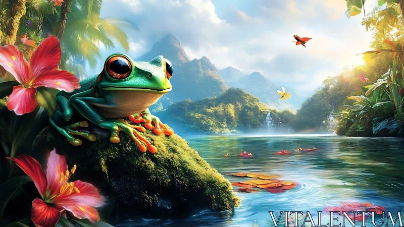 Colorful tree frog on mossy rock in bright jungle lagoon.