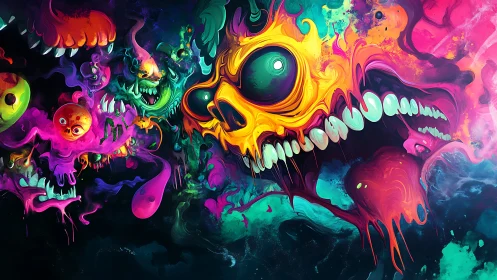 Neon cosmic skulls in swirling psychedelic meltdown.