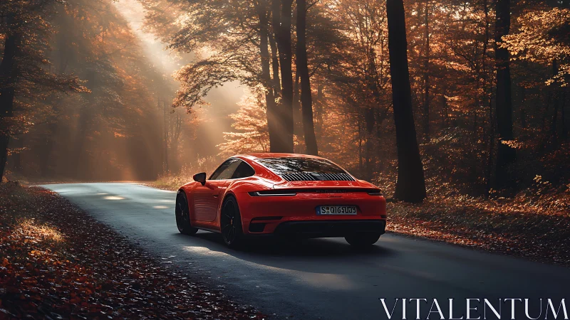 Red sports coupe drives through sunlit autumn forest road