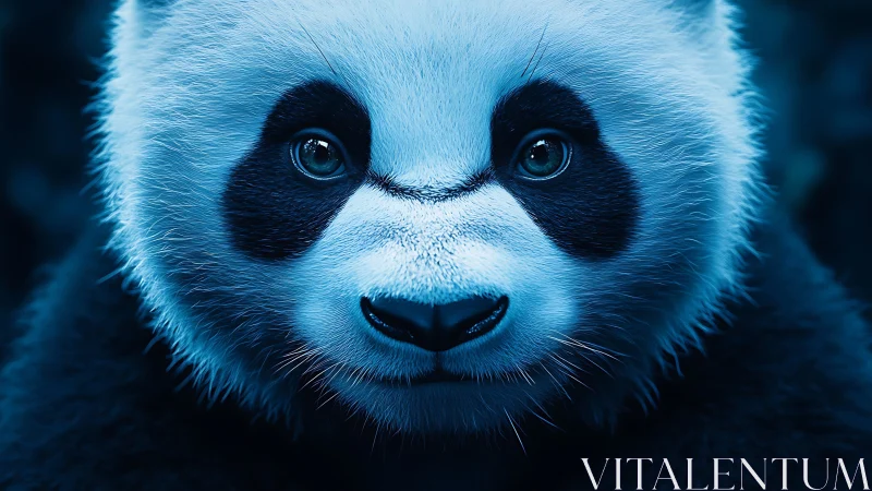 Blue-lit panda portrait gazes calmly into the camera.
