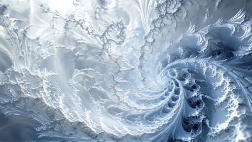 Icy fractal vortex with crystalline spirals in motion.