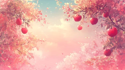 Blossom haze orchard with candy sky and drifting apples.