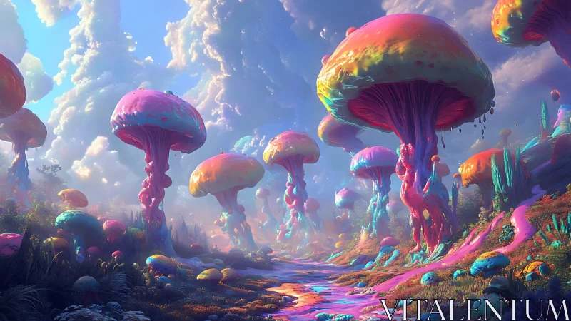 Chromatic fungal megastructures in iridescent cloud valley.
