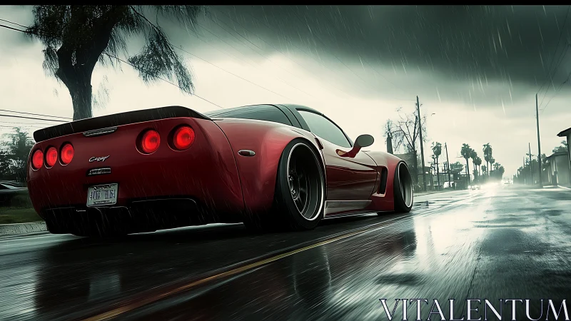 Red sports car powers through reflective rainy city street.