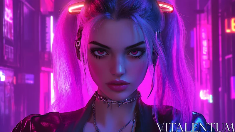 Cyberpunk woman with neon hair in futuristic city street.