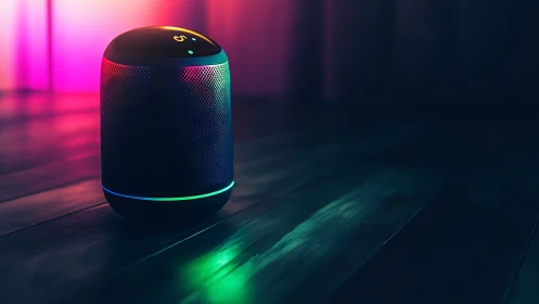 Smart Speaker Glows Neon in Dark Modern Setting.