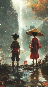 Two young travelers share a quiet moment by the waterfall