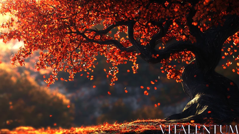 Radiant autumn canopy with dynamic backlit leaf dispersion.