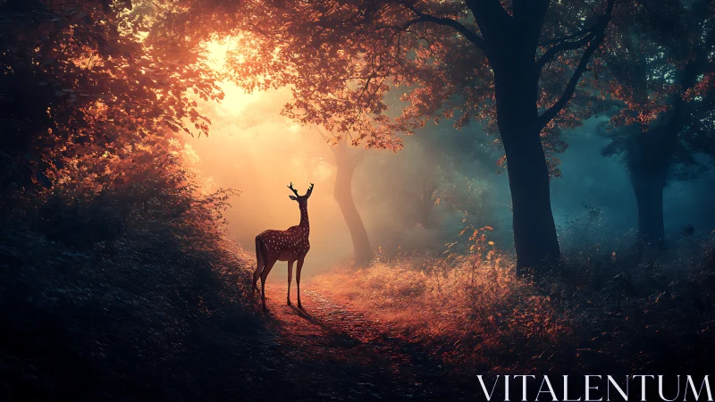 Gentle deer pauses on a glowing forest path at sunrise.