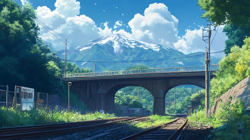 Peaceful mountain railway under bright summer skies.