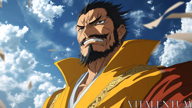 Storm-eyed warlord laughs into the roaring sky wind