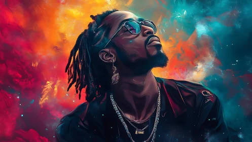 Stylized portrait of man in sunglasses with nebula backdrop.