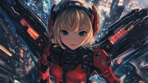 Mecha pilot in red exosuit over neon cyber cityscape.