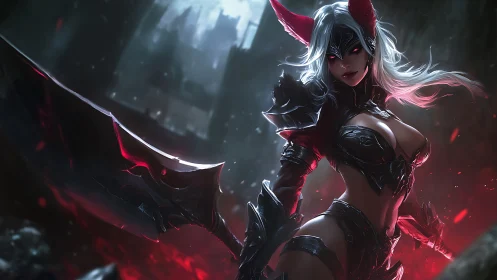 Demonic blade warrior in black armor amidst burning ruins.