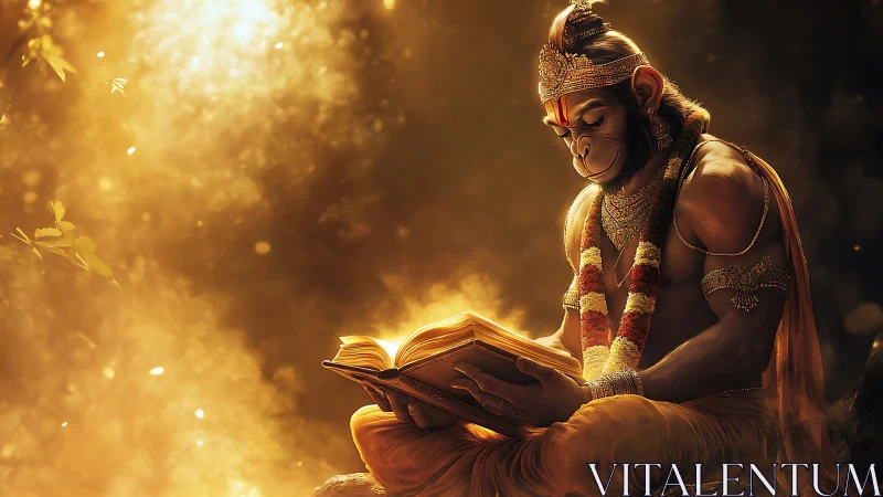 Golden sage simian studies a radiant ancient scripture.