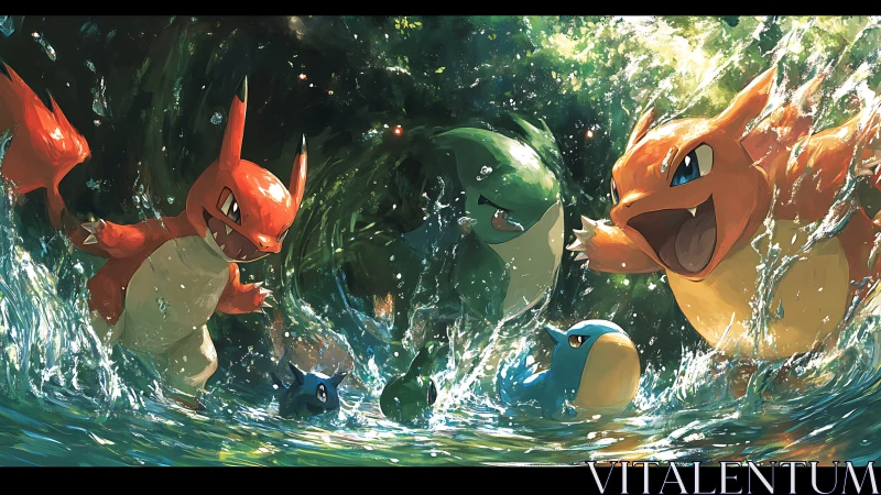 Cartoon reptile creatures interact in dynamic water splash scene