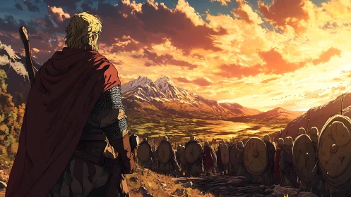 Medieval warband observing mountainous valley at sunset.