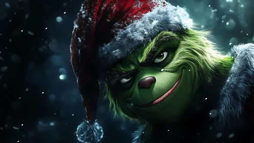 Grinch-like green creature in Santa hat rendered in 3D realism