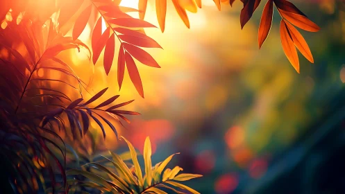 Sunlit jungle leaves ignite in molten evening color.