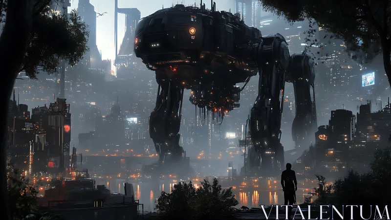 Colossal four legged mech stands over dense futuristic city