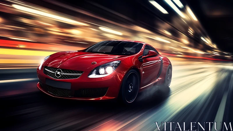 High-velocity red sports coupe in dynamic motion blur environment.
