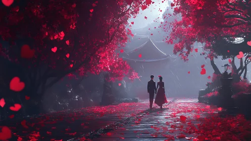 Lovers Under Crimson Cherry Blossoms at Temple Gateway.