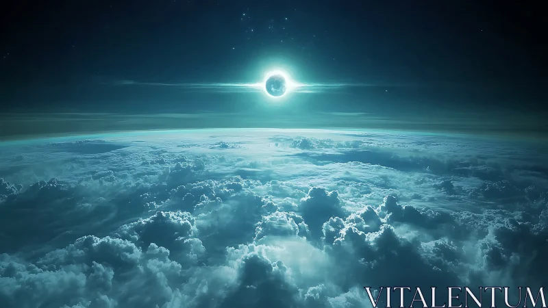 Eclipsed sun glows above ethereal cloud ocean in space.