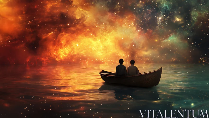 Two stargazers adrift on molten nebula waters at twilight.