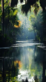 Misty jungle river corridor soaked in dawnlit emerald silence.