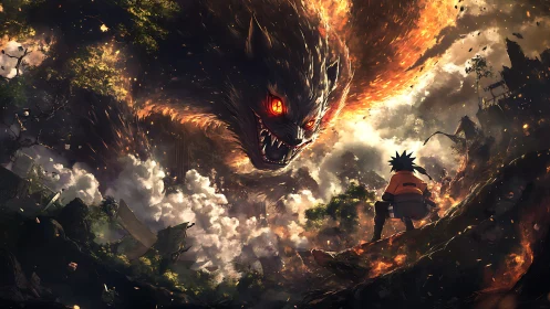 Fiery sky beast meets brave hero in a storm of shadows.