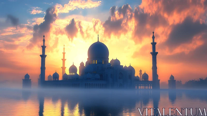 Mosque silhouette against misty water and luminous sky.
