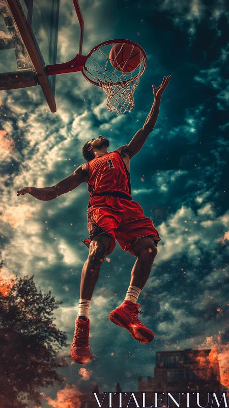 Skyward basketball dunk explodes through stormlit firestorm