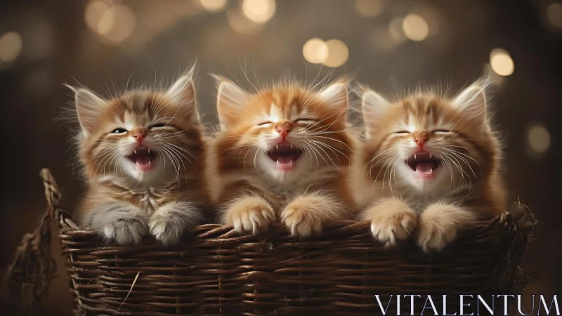 Three Ginger Kittens in Woven Basket with Bokeh Lighting.
