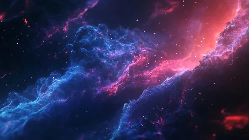 Nebula clouds glow with electric blue and crimson light.