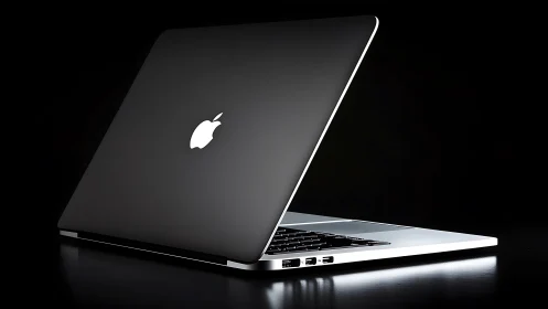 Black Apple laptop sits half open on reflective dark surface