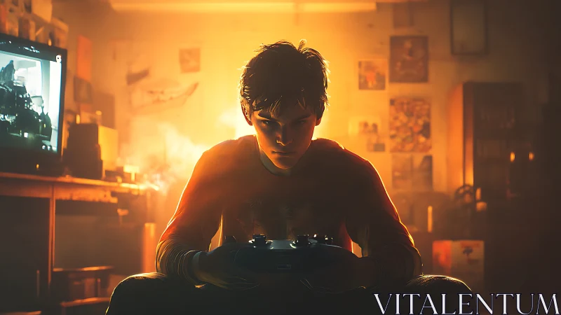 Intense gamer portrait in cinematic warm backlighting focus.